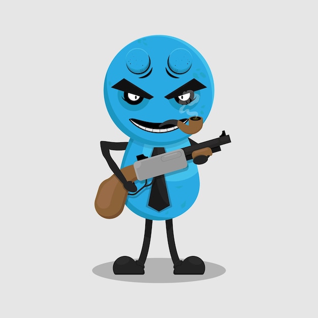 Vector ilustración vectorial de un personaje de dibujos animados azul que lleva un rifle