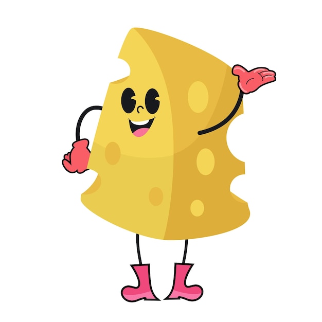 Ilustración vectorial de un personaje de dibujos animados en forma de pedazo de pan de queso con una cara sonriente