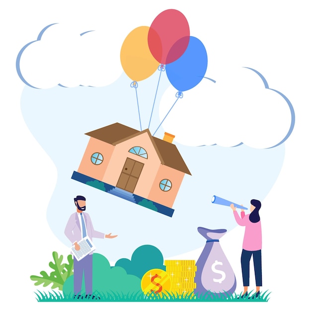 Vector ilustración vectorial personaje de dibujos animados gráficos de comprar y elegir vivienda