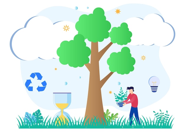 Ilustración vectorial personaje de dibujos animados gráficos de cuidado del medio ambiente y reforestación