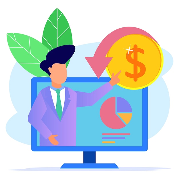 Ilustración vectorial personaje de dibujos animados gráficos de ingresos comerciales