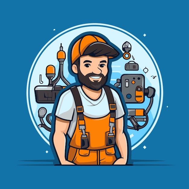 Ilustración vectorial de un personaje de dibujos animados de un mecánico con barba en uniforme