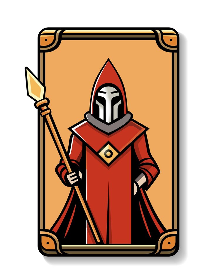 Vector ilustración vectorial de un personaje de fantasía con túnica roja y armadura sosteniendo una lanza