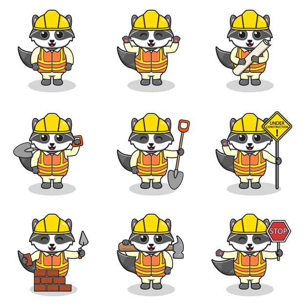 Ilustración vectorial del personaje mapache en el sitio de construcción