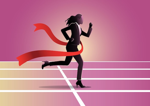 Vector ilustración vectorial del personaje de la mujer de negocios corriendo y cruzando con éxito una línea de meta.