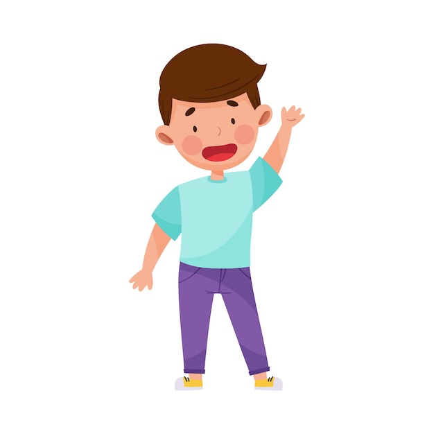 Vector ilustración vectorial de un personaje de niño pequeño de pie y agitando la mano