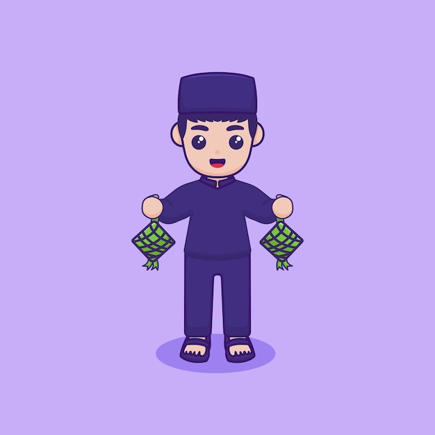 Ilustración vectorial de un personaje sosteniendo un ketupat ramadan kareem concepto de diseño