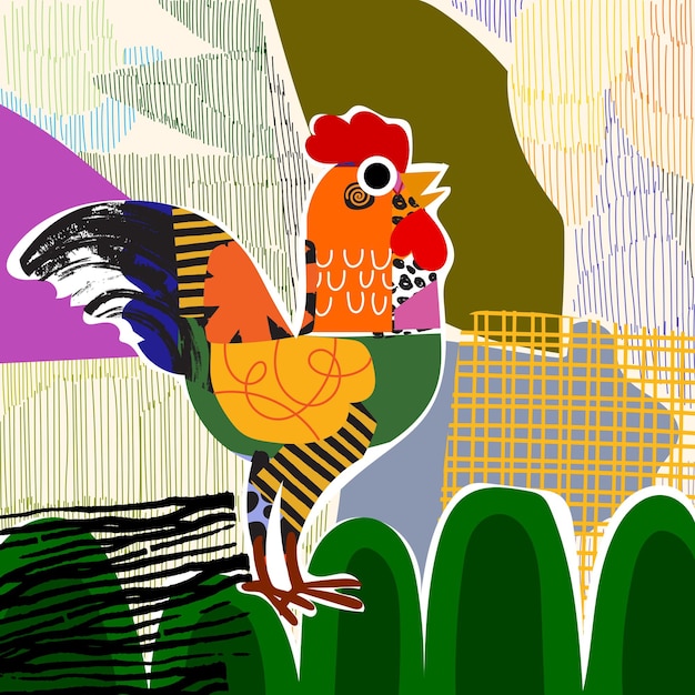 Ilustración vectorial de personajes de animales de granja de pollo, gallo y gallo