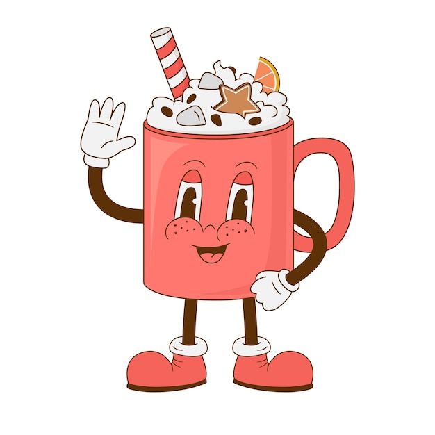 Ilustración vectorial de personajes de chocolate caliente de dibujos animados retro Vintage capuchino mascota Navidad Feliz Año Nuevo venta de menús de banner