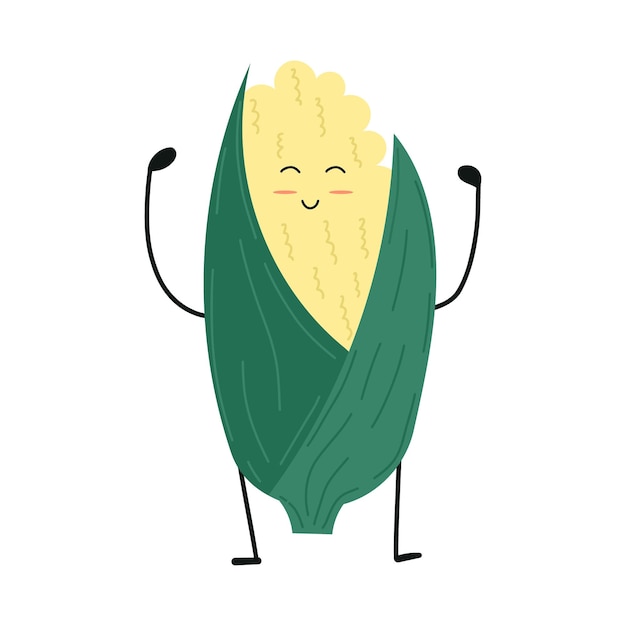 Ilustración vectorial de personajes de dibujos animados de maíz feliz en un fondo aislado