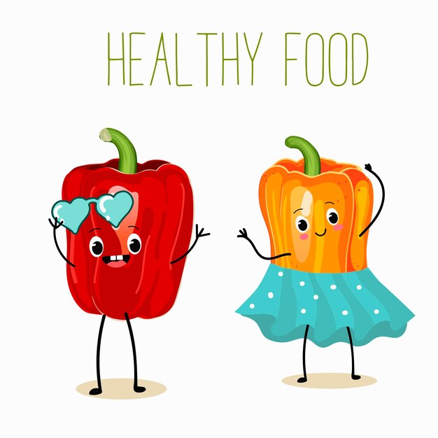 Ilustración vectorial de personajes de dibujos animados pareja pimienta ingrediente de alimentos saludables diseño infantil