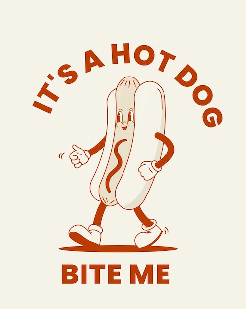 Vector ilustración vectorial de personajes de dibujos animados retro de perritos calientes mascota de salchichas vintage poster de comida rápida gracioso