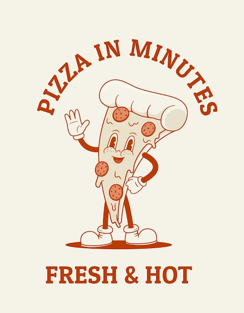 Ilustración vectorial de personajes de pizzas divertidos de dibujos animados retro Cartón de entrega de alimentos logotipo impreso de pizzería