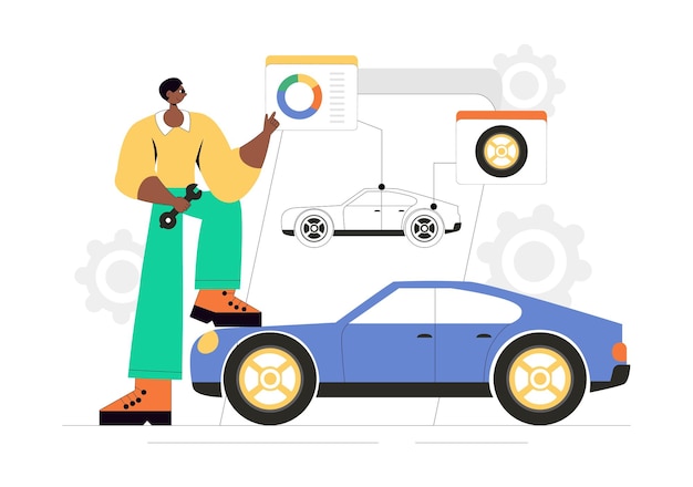 Ilustración vectorial de personalización y modificaciones de automóviles con un automóvil afinado con ruedas actualizadas, sistemas de nitrógeno y mejoras en el kit de carrocería