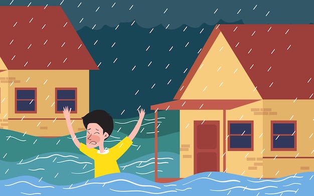 Ilustración vectorial de personas, árboles y casas que se ahogan en las inundaciones