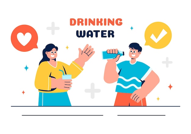 Ilustración vectorial de personas bebiendo agua de botellas y vasos de plástico con un concepto puro y fresco en un fondo de dibujos animados de estilo plano