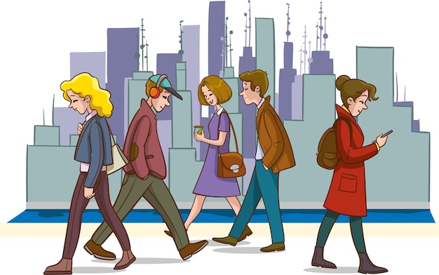 Ilustración vectorial de personas estadounidenses caminando por la calle