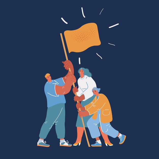 Ilustración vectorial de personas de negocios que suben a la cima y establecen la bandera sobre un fondo oscuro