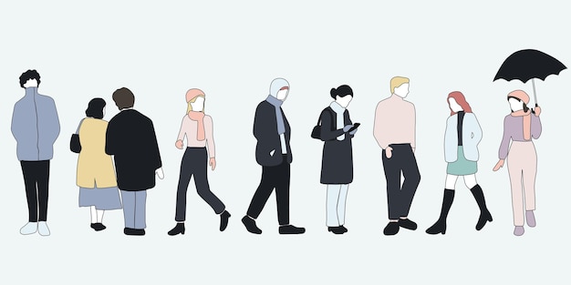 Ilustración vectorial de personas planas mínimas masculinas y femeninas en ropa de invierno con concepto de contorno