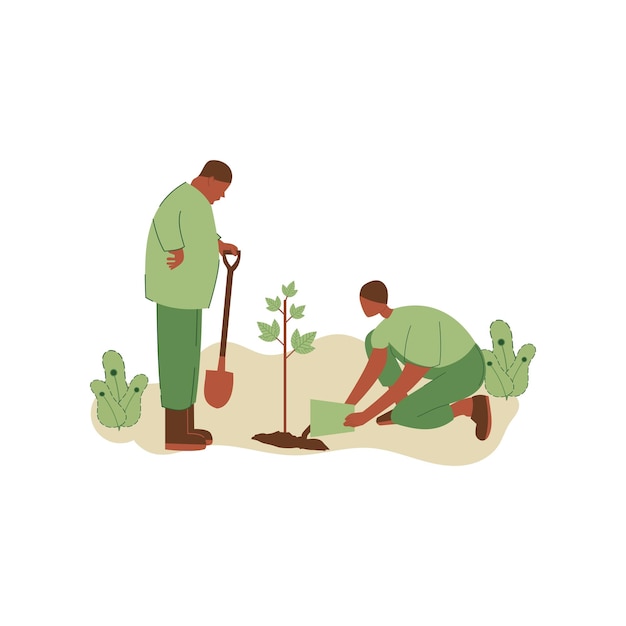 Ilustración vectorial de personas plantando árboles. concepto de salvar la tierra. Voluntariado ecológico