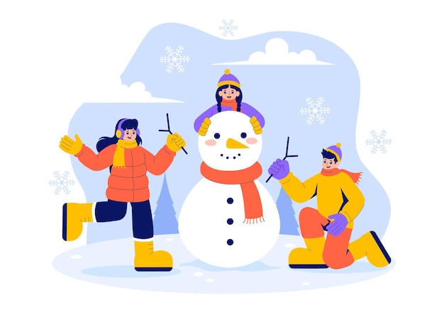 Ilustración vectorial de personas que se divierten al aire libre construyendo un muñeco de nieve durante las actividades de invierno en un fondo de dibujos animados de estilo plano