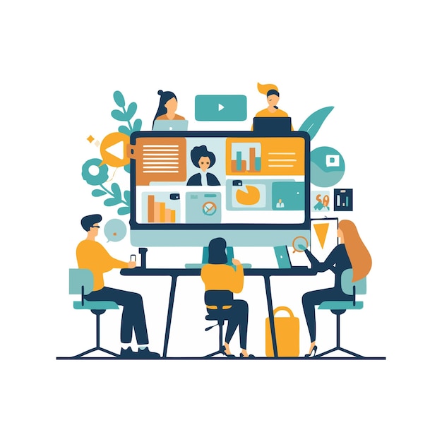 Ilustración vectorial de personas que utilizan el video en el aprendizaje en línea