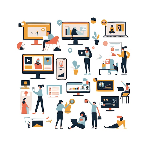 Ilustración vectorial de personas que utilizan el video en el aprendizaje en línea