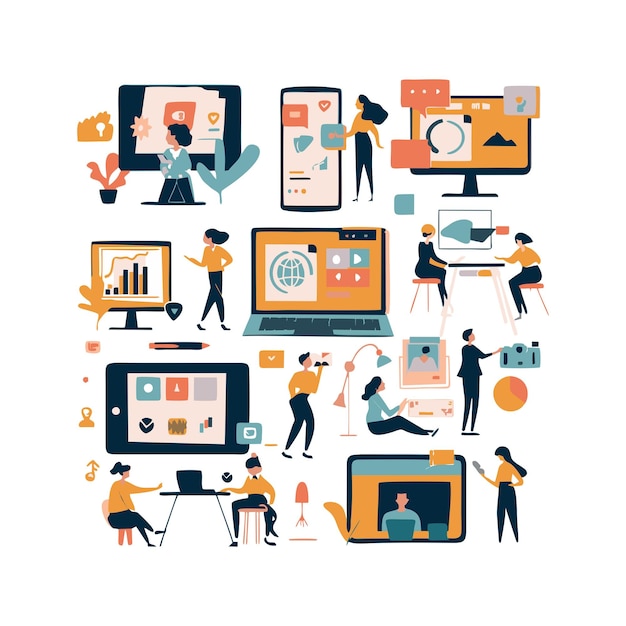 Ilustración vectorial de personas que utilizan el video en el aprendizaje en línea