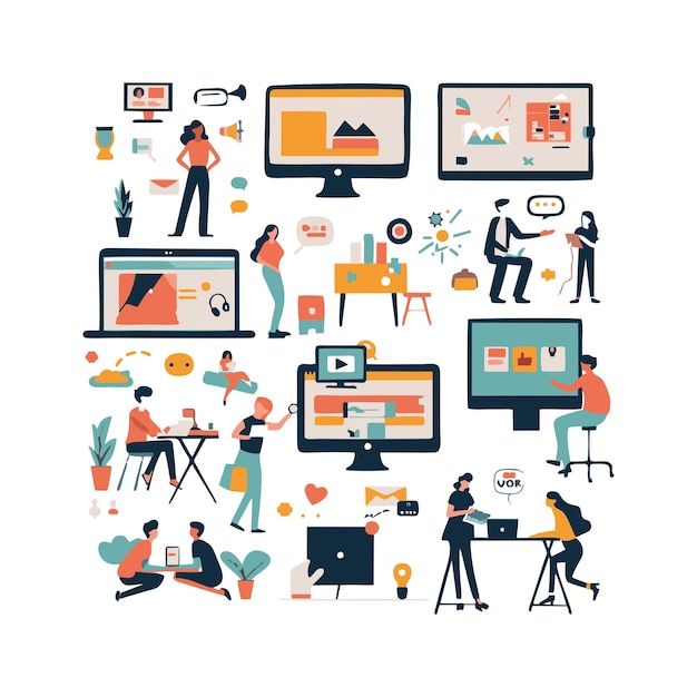 Ilustración vectorial de personas que utilizan el video en el aprendizaje en línea