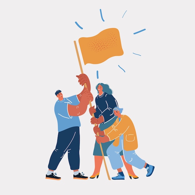 Ilustración vectorial de personas sosteniendo la bandera Conquistando la cima por equipo