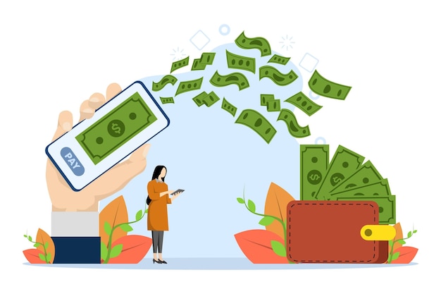 Ilustración vectorial Las personas transfieren dinero del teléfono inteligente a la billetera