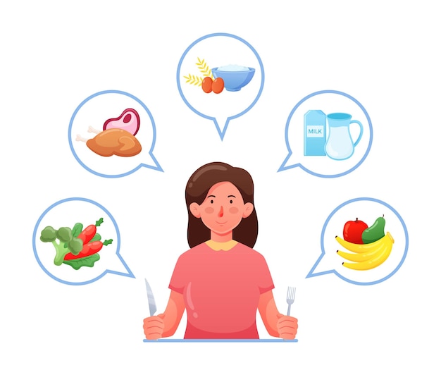 Vector ilustración vectorial de personas con una variedad de opciones de alimentos, frutas, leche, alimentos con carbohidratos, carnes