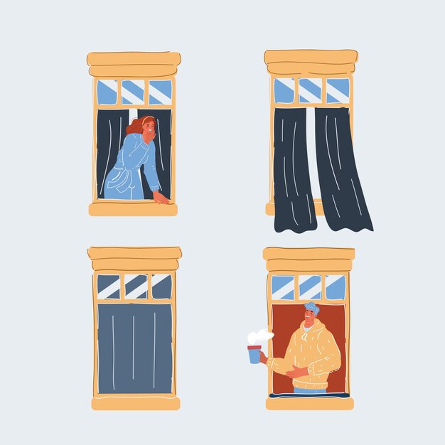 Ilustración vectorial de personas en ventanas abiertas aisladas en blancos vecinos hombres y mujeres