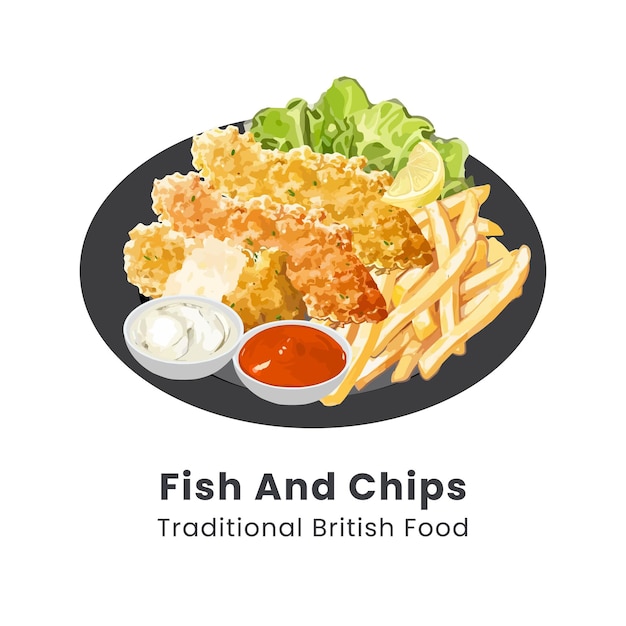 Vector ilustración vectorial de pescado y papas fritas comida tradicional británica