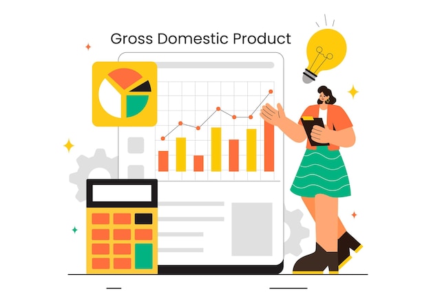 Ilustración vectorial del PIB o del producto interno bruto con columnas de crecimiento económico y gráficos de productividad del mercado en un fondo de dibujos animados de estilo plano