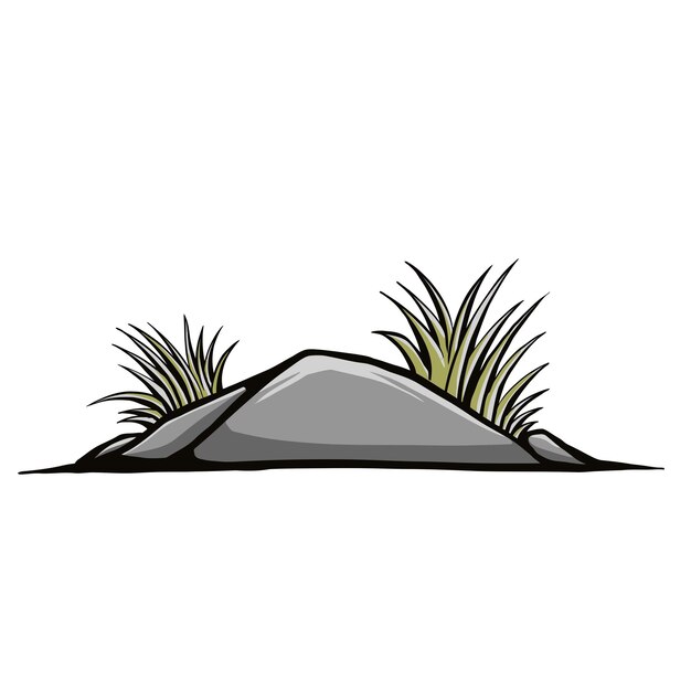 Ilustración vectorial de piedra con cantos rodados de plantas y hierba