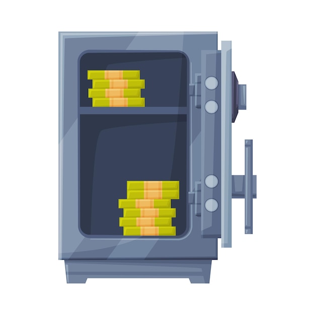 Ilustración vectorial de la pila de billetes de dinero para abrir una caja fuerte o caja fuerte de metal