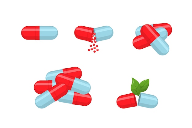 Ilustración vectorial de píldoras de cápsulas de medicina en estilo plano