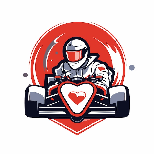 Ilustración vectorial de un piloto de carreras de karts conduciendo un coche de carreras con un corazón en la mano