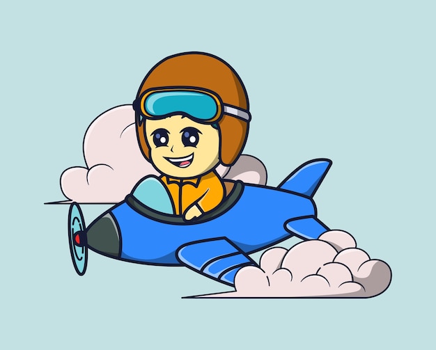 ilustración vectorial de un piloto conduciendo un lindo avión con nubes alrededor