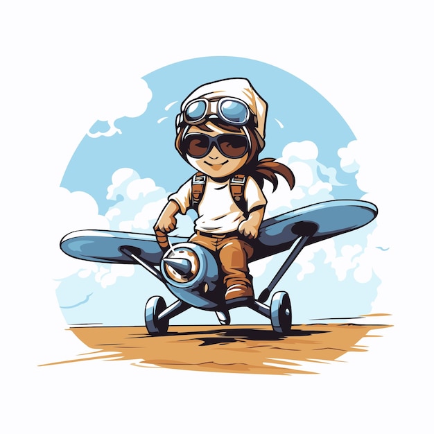 Ilustración vectorial de un piloto de dibujos animados con un avión de hélice en la playa