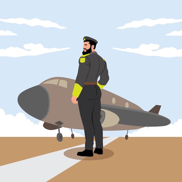 Ilustración vectorial de un piloto de pie en la pista con un avión.