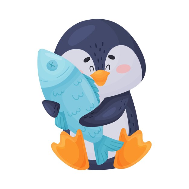 Ilustración vectorial de pingüino de dibujos animados que abraza a los peces