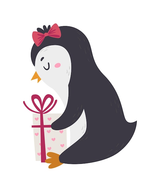 Ilustración vectorial de un pingüino lindo sosteniendo un regalo