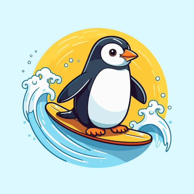 Ilustración vectorial de un pingüino surfeando