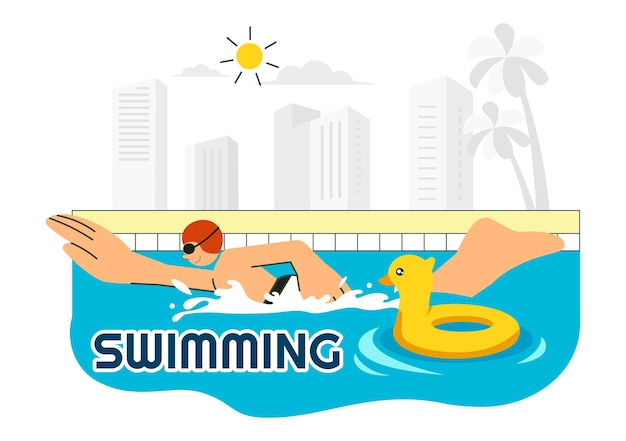 Ilustración vectorial de la piscina con un concepto de paisaje de vacaciones de verano con actividades de natación, deportes acuáticos y recreación divertida