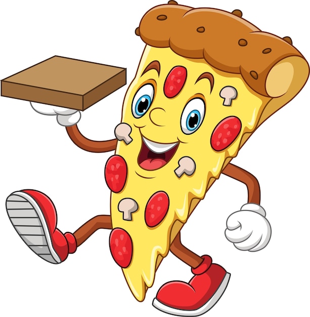 Ilustración vectorial de una pizza feliz con una caja de pizza