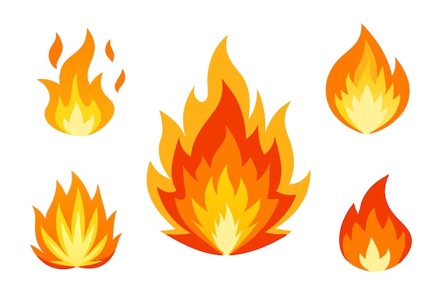 Ilustración vectorial plana aislada de fuego brillante y dinámico sobre fondo blanco