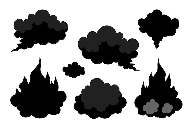 Ilustración vectorial plana aislada de humo negro sobre fondo blanco
