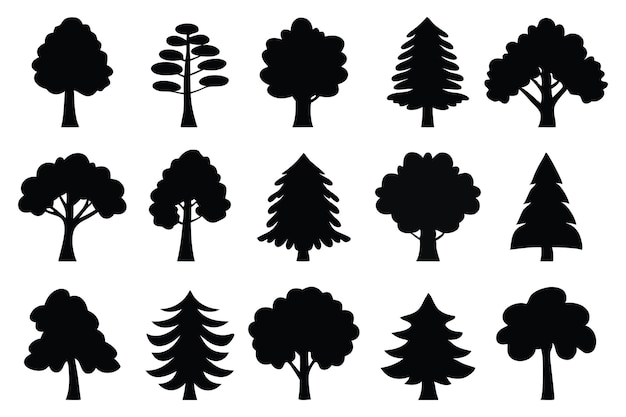 Ilustración vectorial plana aislada de siluetas de árboles gráficos en fondo blanco